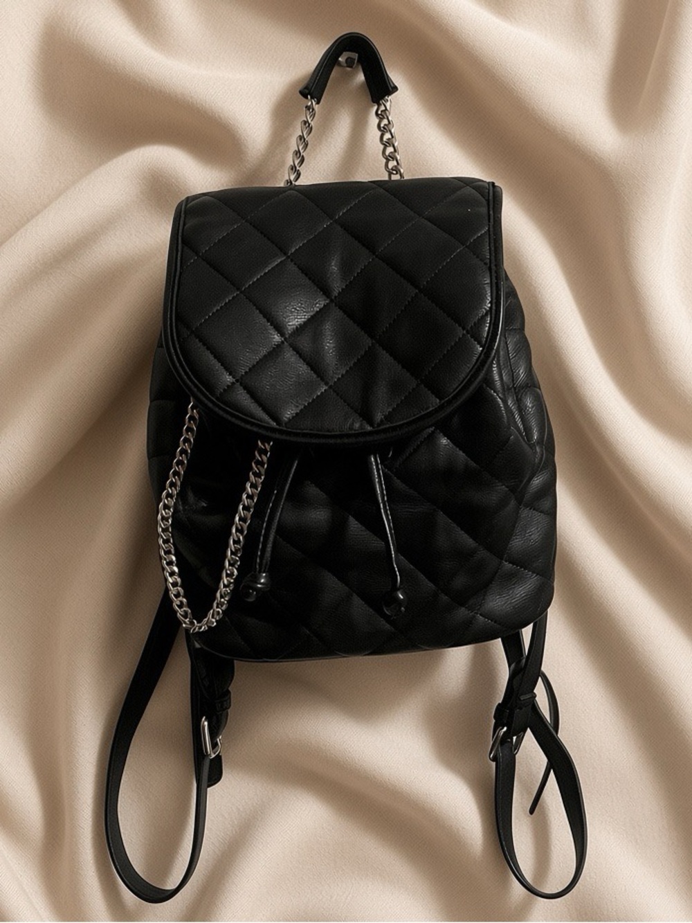 Forever 21 Black Quilted Backpack with Silver Chain